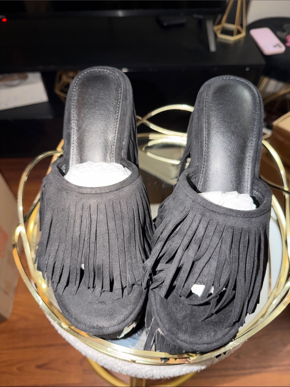 Women’s Black Fringe Slide Sandals